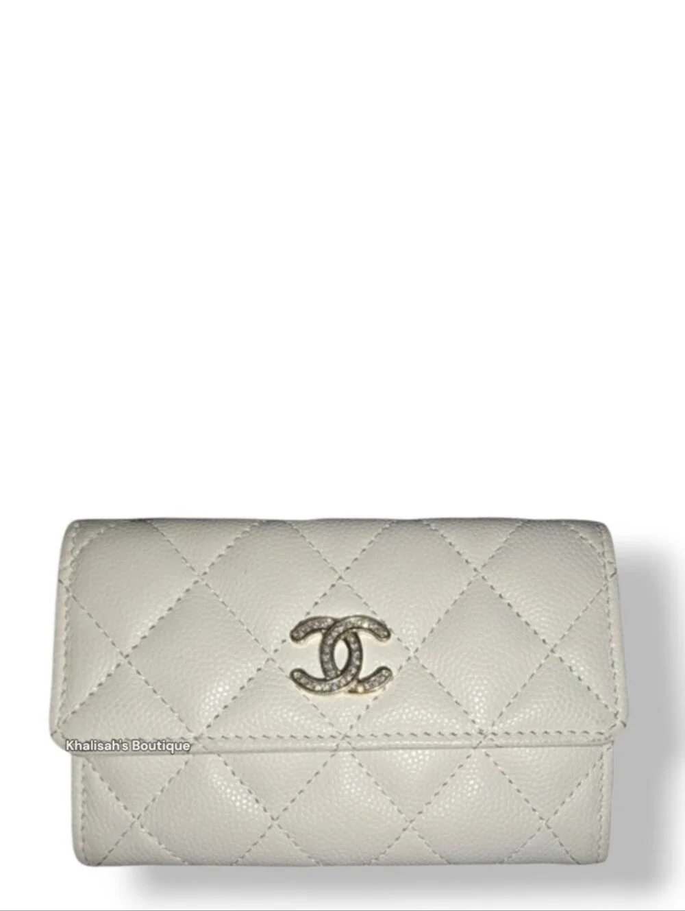 Ultra RARE! CHANEL CAVIAR CLASSIC FLAP CC CRYSTAL LOGO WHITE WALLET CARD CASE
